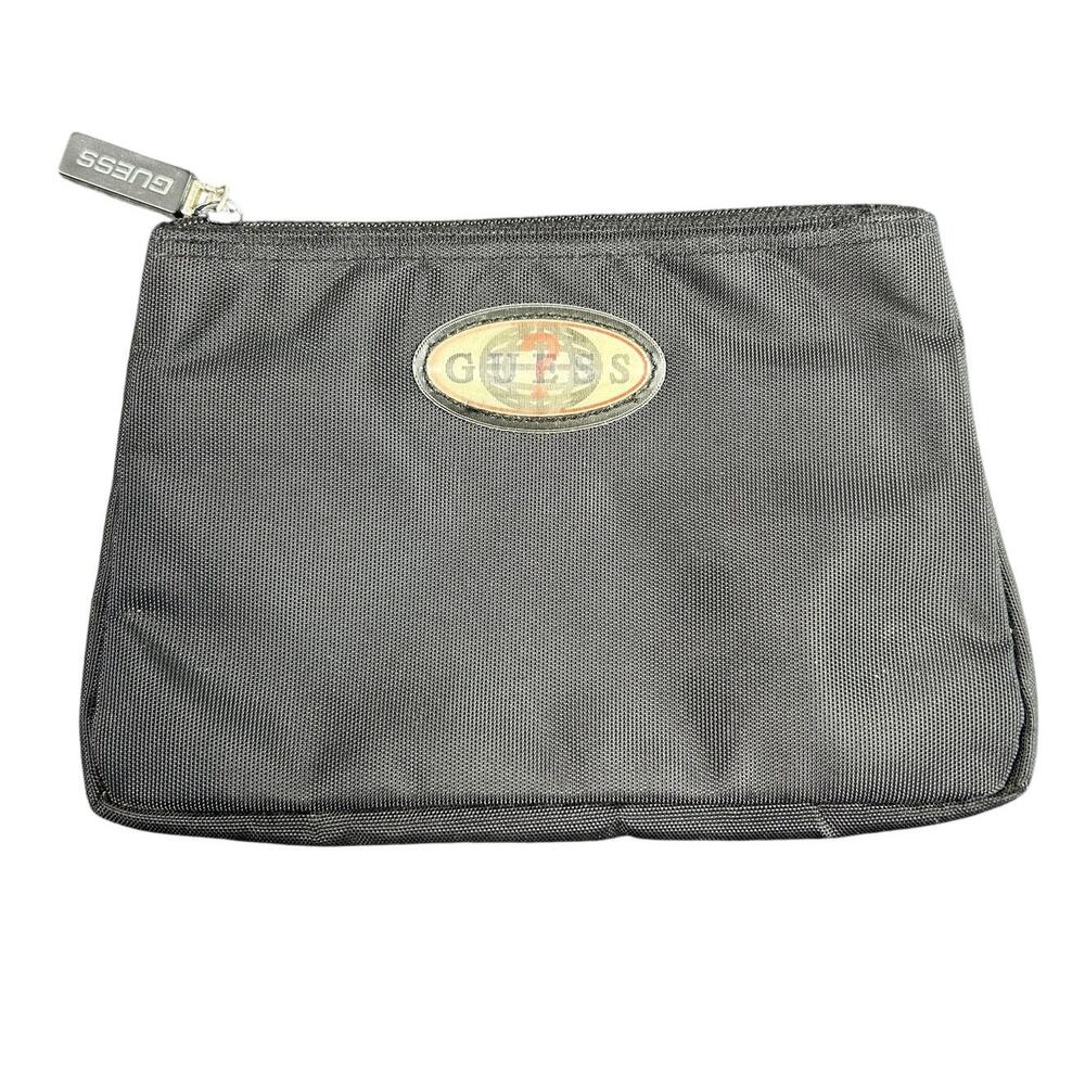 Vintage Guess- Mini Pouch- Holographic logo front- some wear- black- 8x5" Y2K